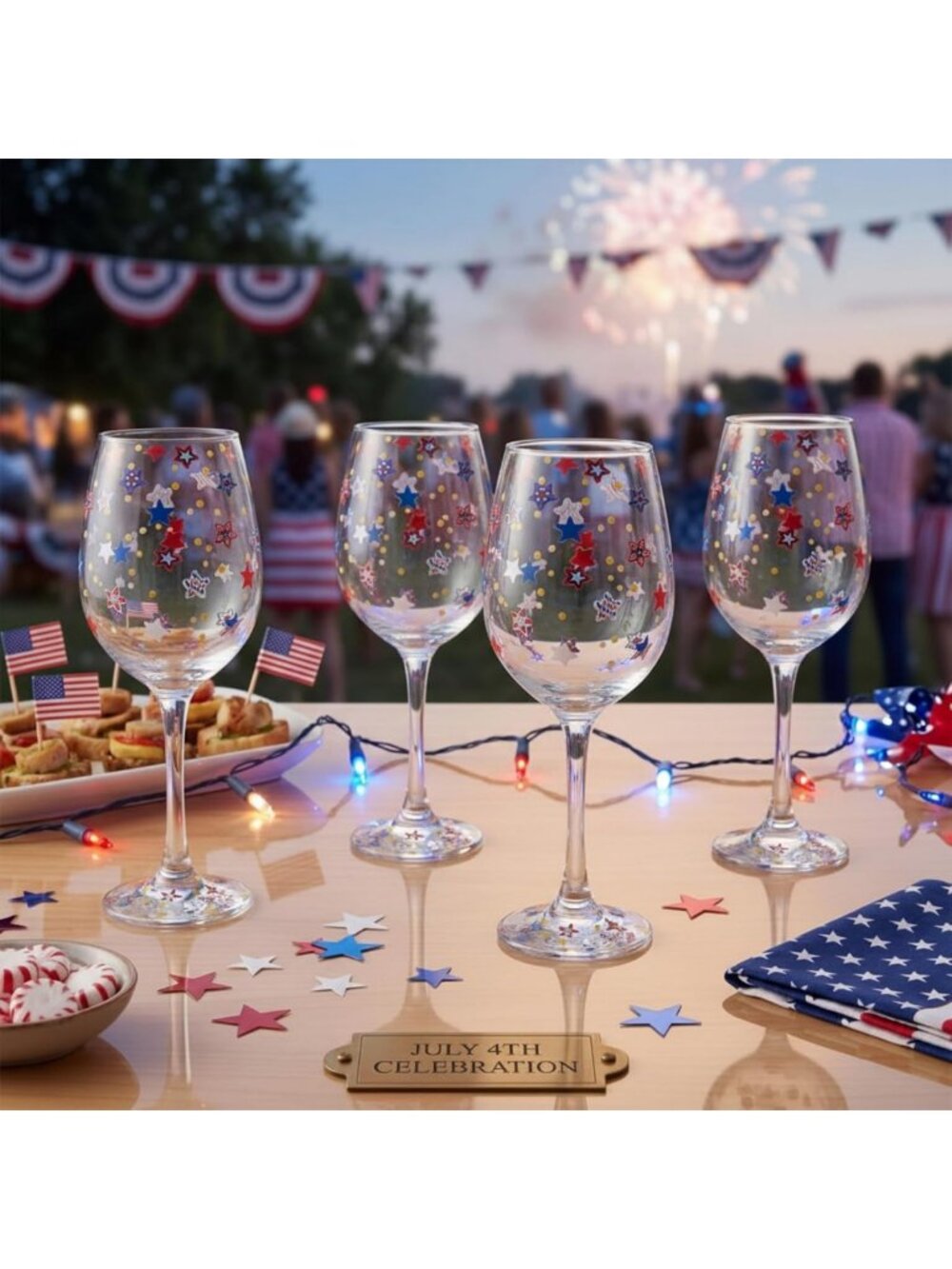 4 Pcs Hand Painted Patriotic Wine Glasses - Red White Blue Star Party Decor